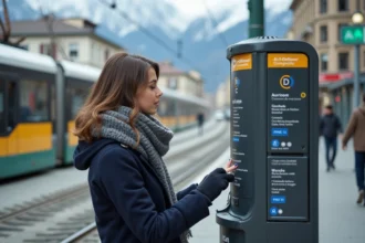 Jeune femme dans un tram de Grenoble en hiver