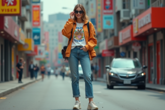 Jeune femme en mode y2k avec jeans et lunettes tendance