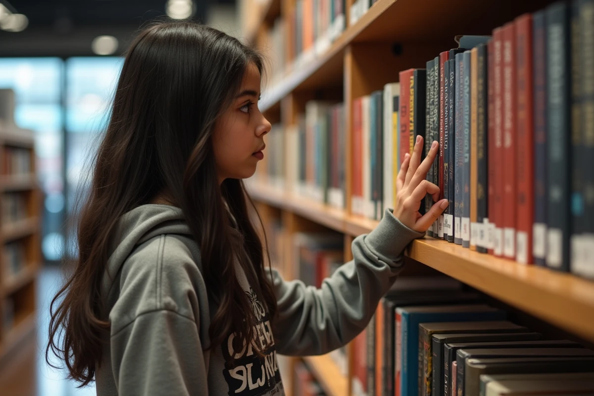 Jeune fille cherchant un roman Warhammer 40K en librairie