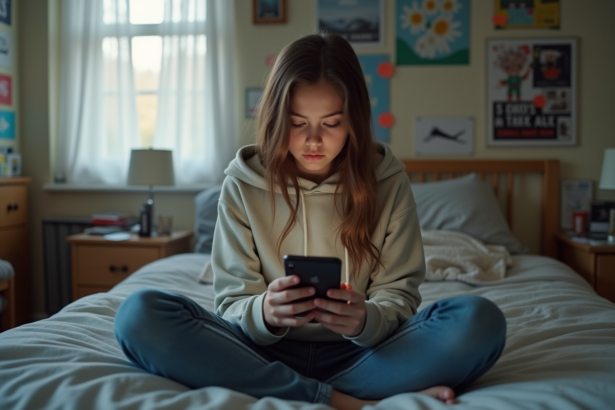 Jeune fille de 17 ans sur son lit regardant son smartphone