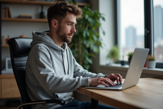 Jeune homme concentré travaillant sur son ordinateur à la maison