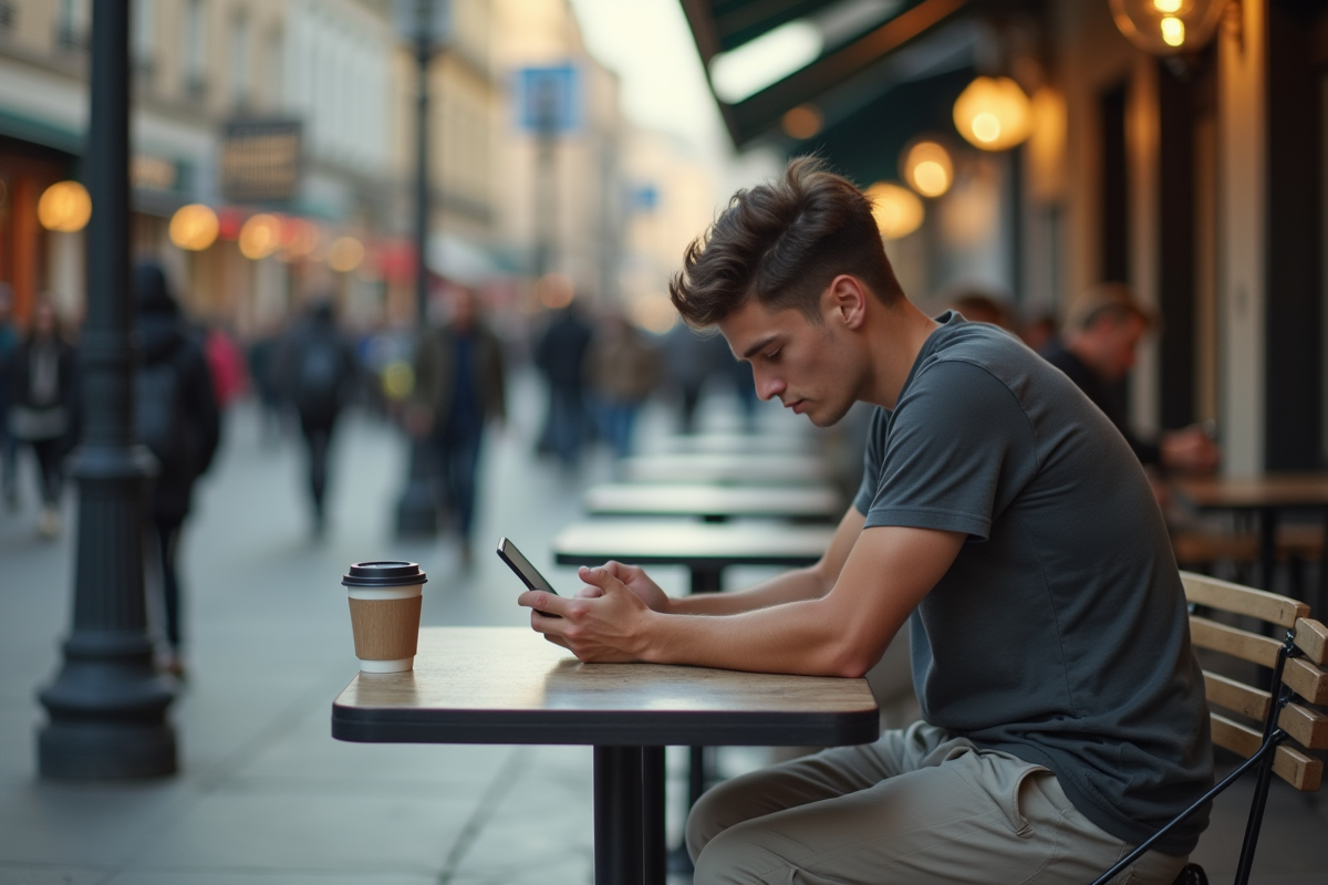 Jeune homme assis seul à un café en ville regardant son téléphone
