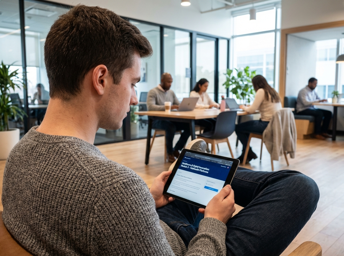 Jeune homme étudiant un cours santé sur sa tablette au coworking