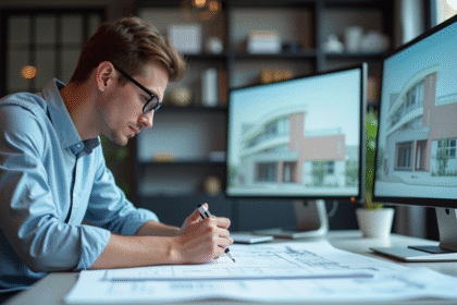 Jeune homme en train de dessiner des plans architecturaux dans un studio lumineux