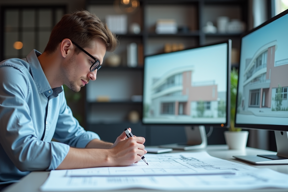 Jeune homme en train de dessiner des plans architecturaux dans un studio lumineux
