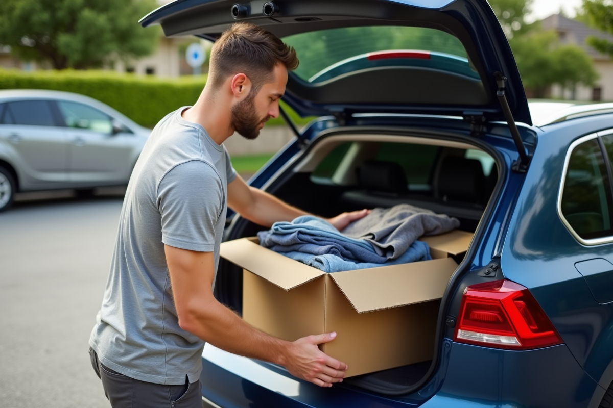 Jeune homme déposant des vêtements dans le coffre de sa voiture