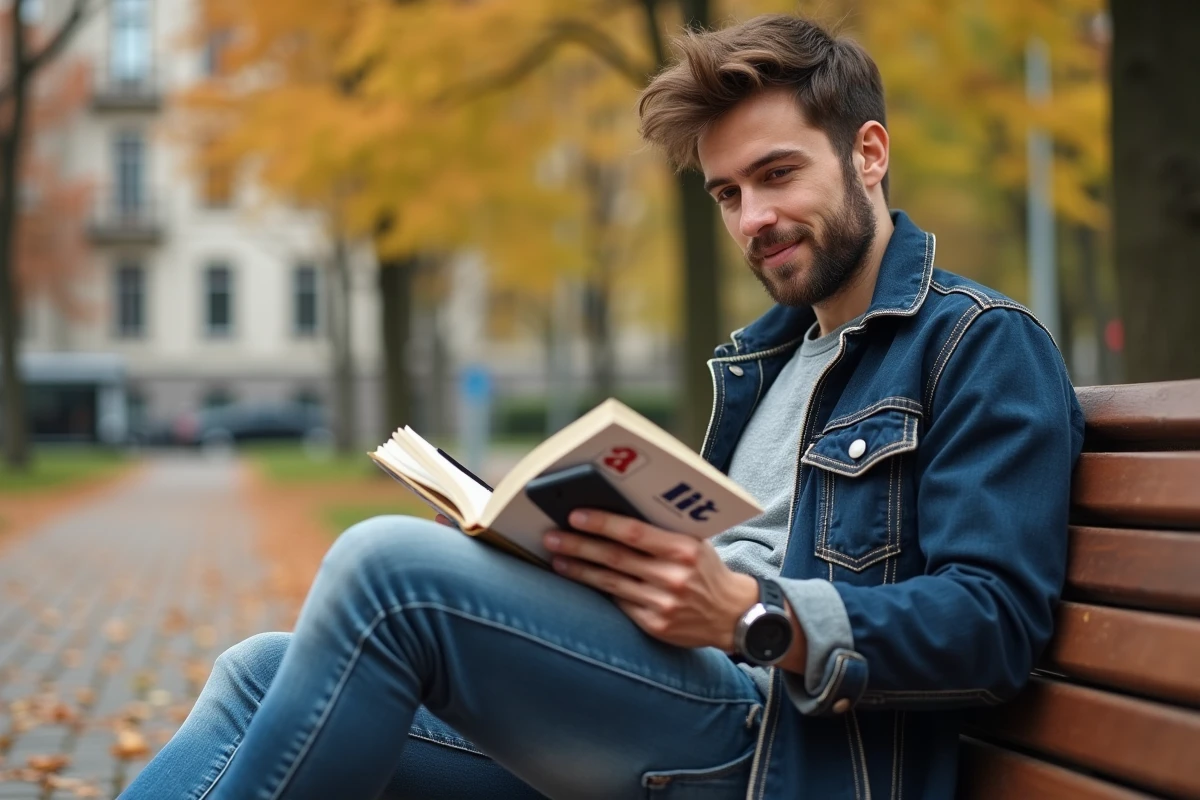 Jeune homme lisant un livret A dans un parc en automne