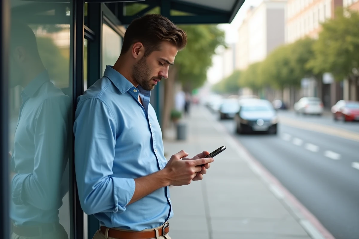 Jeune homme regardant une carte de conversion sur son smartphone en ville