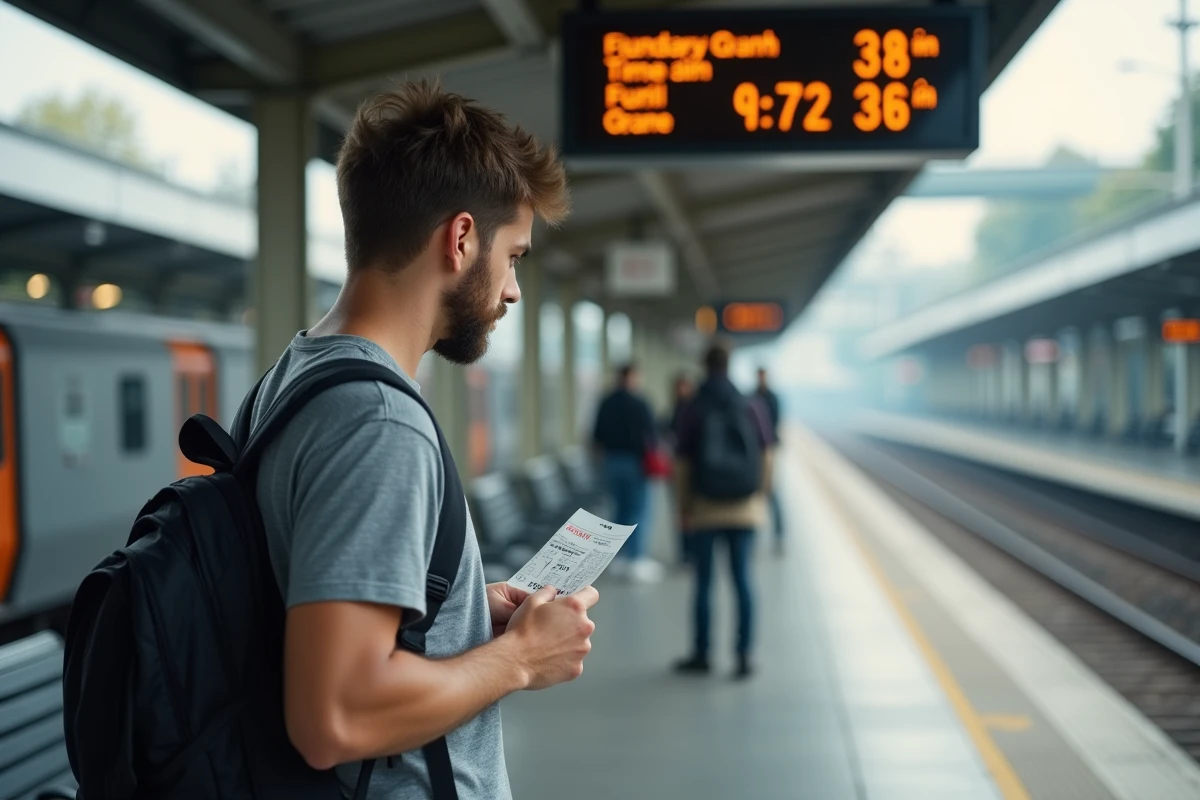 Jeune homme vérifiant un horaire de train en plein air