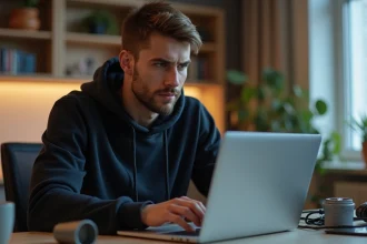 Jeune homme concentré travaillant sur son ordinateur à la maison