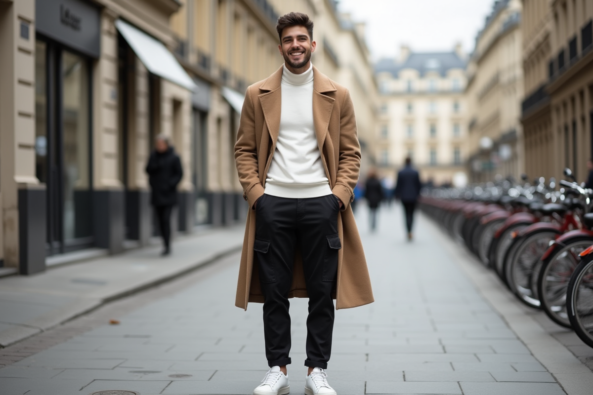 Jeune homme stylé dans une rue parisienne avec tenue chic