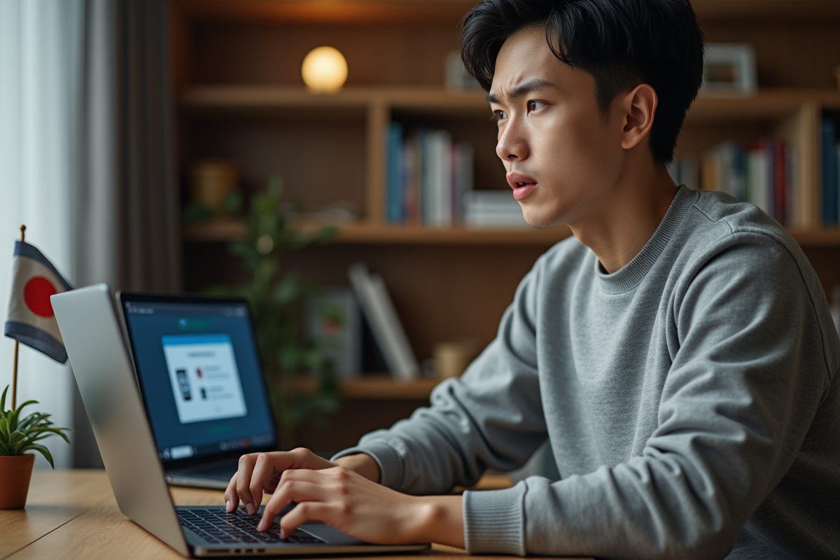 Jeune homme asiatique face à un ordinateur avec erreur VPN