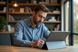Jeune homme professionnel utilisant une tablette Windows dans un bureau moderne