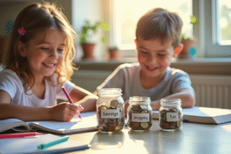 Adolescents souriants comptant des pièces dans des bocaux de savings