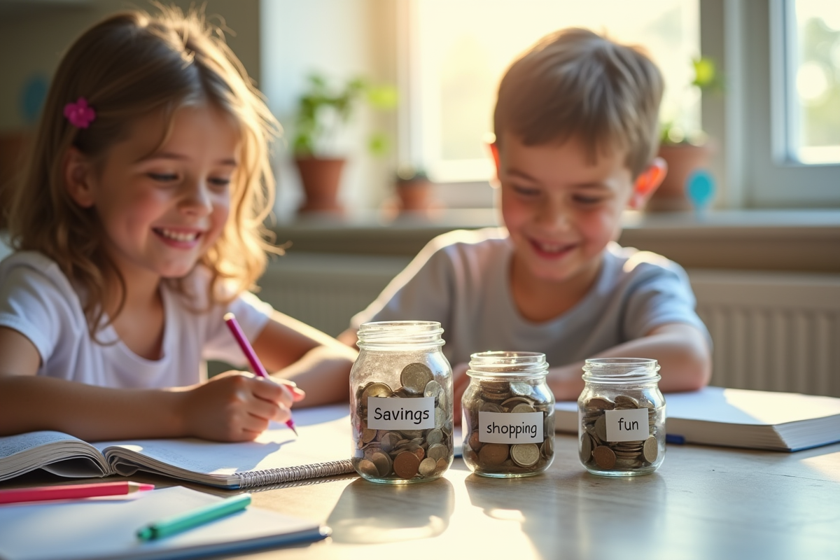 Adolescents souriants comptant des pièces dans des bocaux de savings