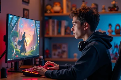 Joueur adulte concentré sur une quête de jeu vidéo RPG Dofus devant son écran gaming