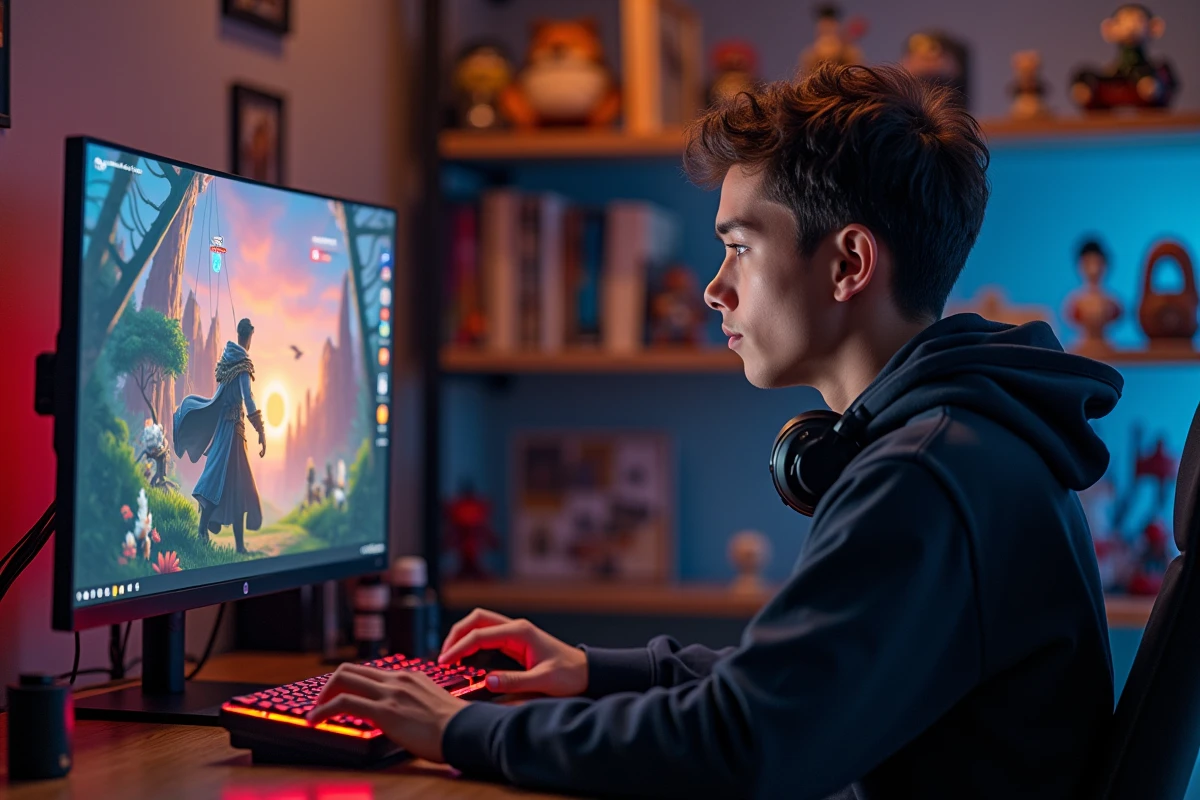 Joueur adulte concentré sur une quête de jeu vidéo RPG Dofus devant son écran gaming