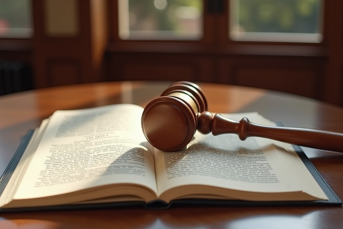 Gros plan d'un marteau de juge en bois sur le code civil français