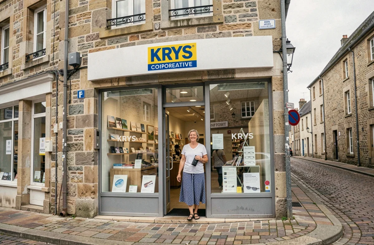 Façade d'un magasin Krys dans une ville bretonne avec une cliente qui sort du magasin tenant un étui à lunettes