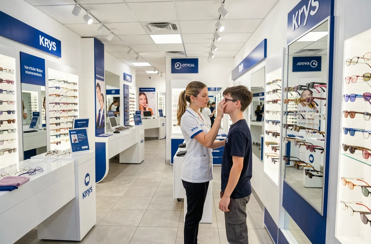 Opticienne en uniforme Krys aidant un adolescent à essayer des lunettes dans le magasin Krys à Laxou