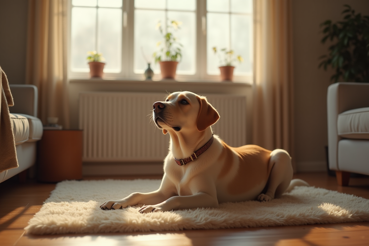 Labrador assis avec son propriétaire dans un salon
