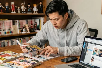 Jeune homme lisant un volume de manga japonais à son bureau, entouré de collections de mangas et d'une atmosphère chaleureuse de lecteur passionné