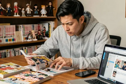 Jeune homme lisant un volume de manga japonais à son bureau, entouré de collections de mangas et d'une atmosphère chaleureuse de lecteur passionné