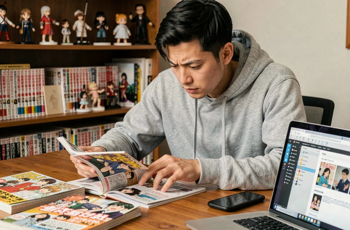Jeune homme lisant un volume de manga japonais à son bureau, entouré de collections de mangas et d'une atmosphère chaleureuse de lecteur passionné