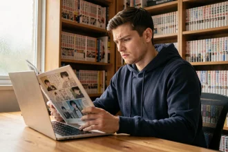 Lecteur de manga en français sur ordinateur portable, illustrant l'accès aux plateformes légales de lecture VF