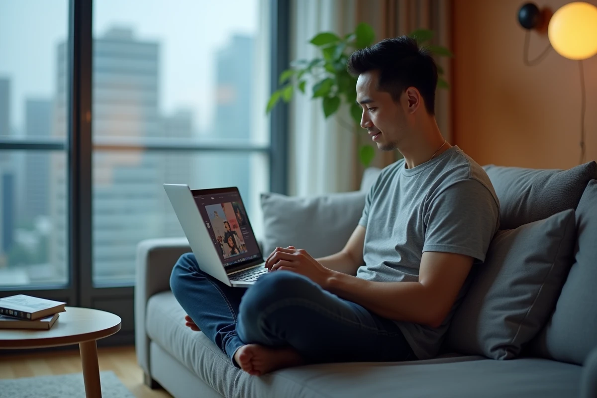 Homme parcourant un site de scantrad yaoi sur son ordinateur portable dans un salon moderne