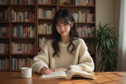Jeune femme lisant un manga yaoi à son bureau avec des étagères remplies de volumes en arrière-plan