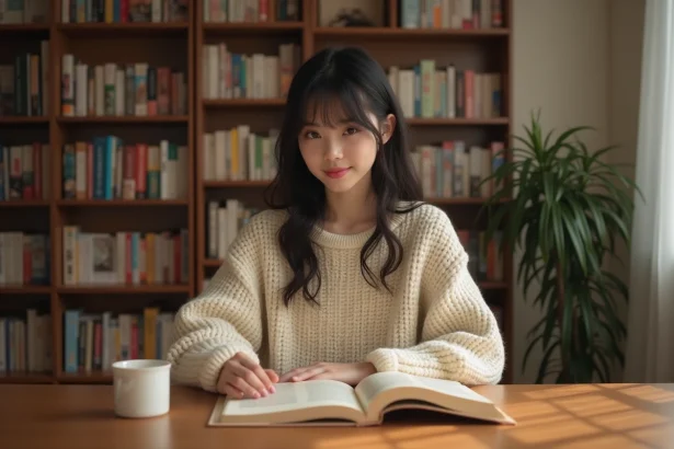 Jeune femme lisant un manga yaoi à son bureau avec des étagères remplies de volumes en arrière-plan