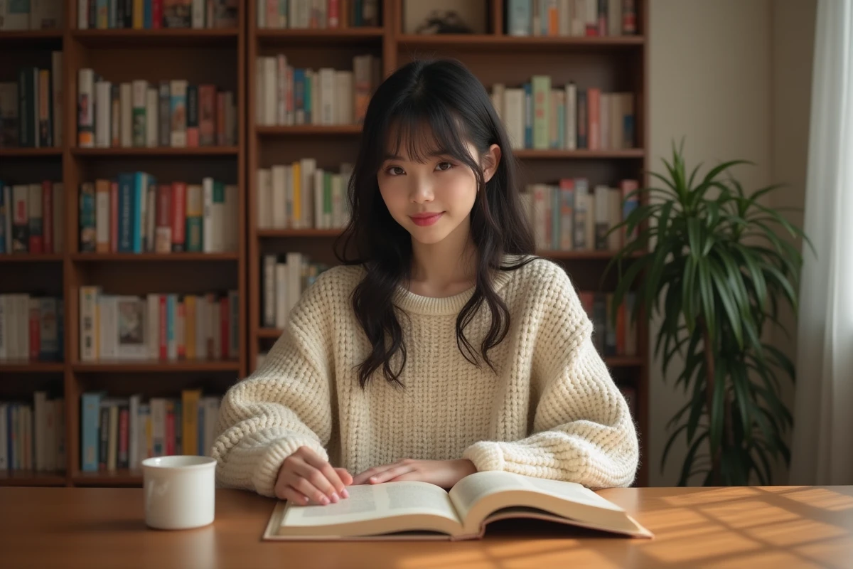 Jeune femme lisant un manga yaoi à son bureau avec des étagères remplies de volumes en arrière-plan