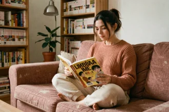 Jeune femme lisant un manga en version française Just Friend sur son canapé dans un appartement cosy