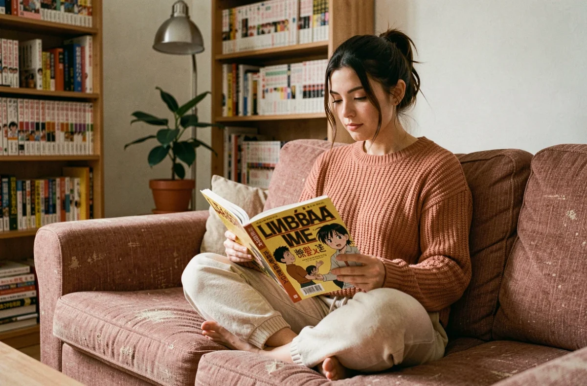 Jeune femme lisant un manga en version française Just Friend sur son canapé dans un appartement cosy