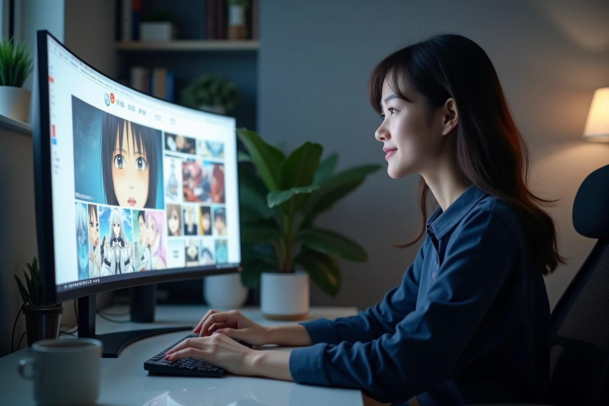 Femme lisant un scan de manga One Punch Man en VF sur son ordinateur à la maison
