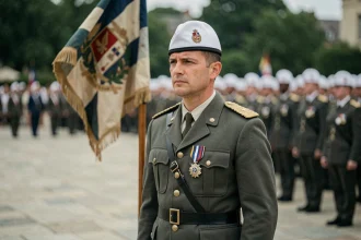Légionnaire de la Légion étrangère en tenue de cérémonie avec képi blanc lors d'un défilé militaire officiel