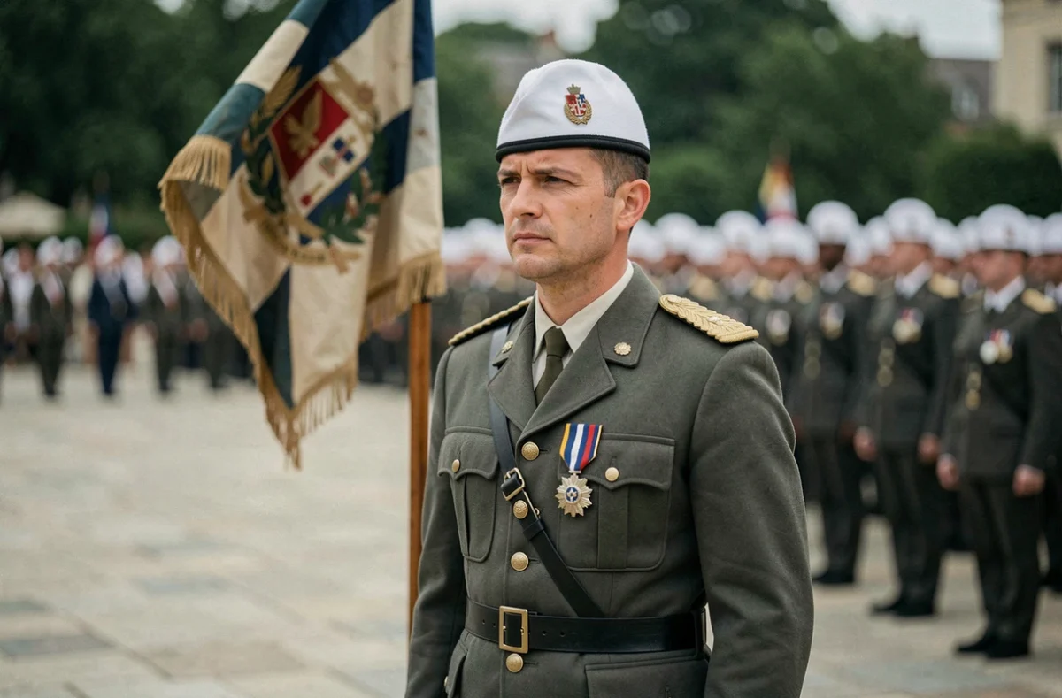 Légionnaire de la Légion étrangère en tenue de cérémonie avec képi blanc lors d'un défilé militaire officiel