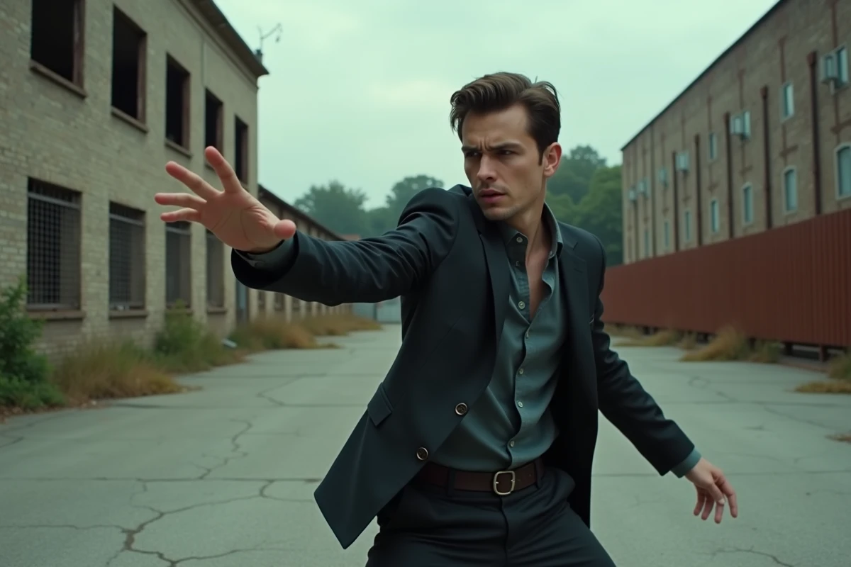 Homme en costume sombre en pleine action dans une cour industrielle abandonnée, représentant la puissance et la détermination du personnage Leorio lors de son combat emblématique