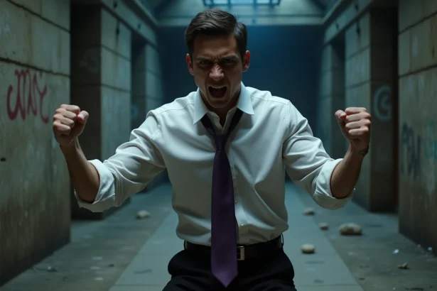 Jeune homme en tenue formelle dans une posture de combat intense dans un couloir souterrain atmosphérique, illustrant l'analyse du combat de Leorio dans Hunter x Hunter