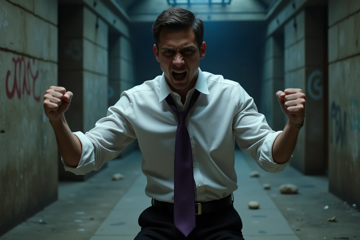 Jeune homme en tenue formelle dans une posture de combat intense dans un couloir souterrain atmosphérique, illustrant l'analyse du combat de Leorio dans Hunter x Hunter