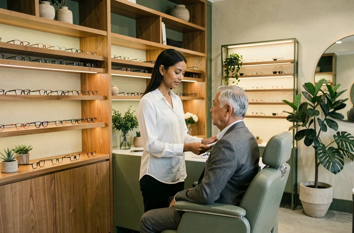 Opticienne conseillant un client dans la boutique Lorenzini-Pham Opticiens à Nancy avec un décor élégant