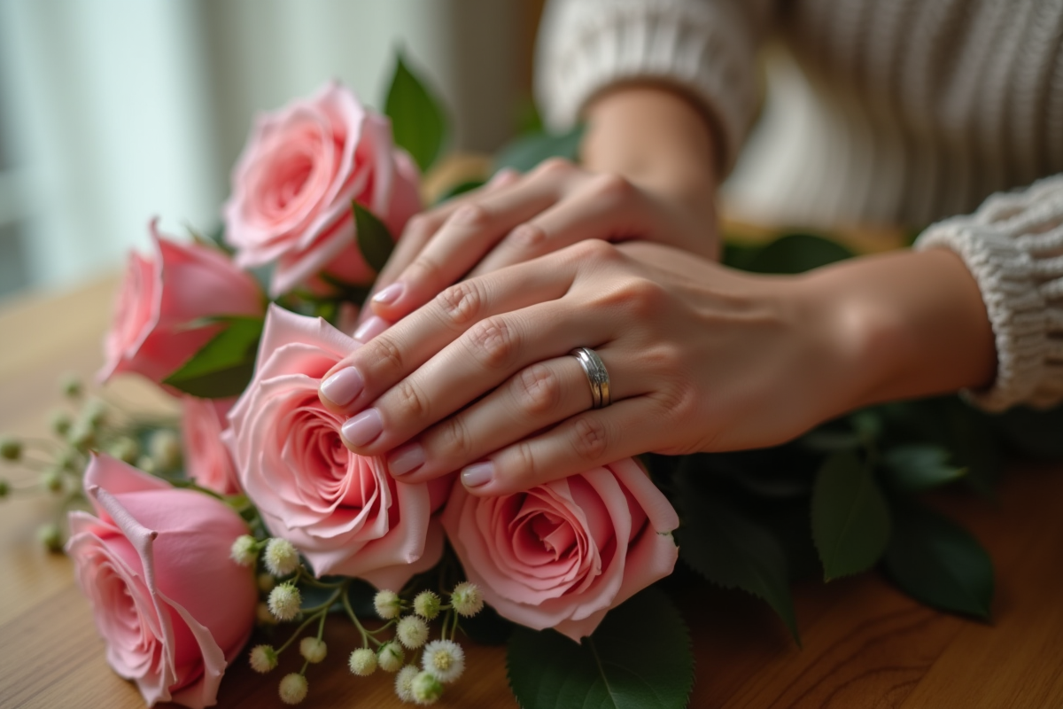 Mains entrelacees portant des anneaux sur un bouquet de roses