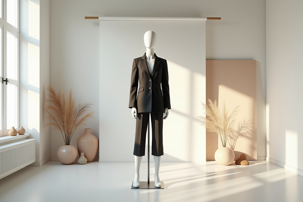 Mannequin en tenue monochrome dans un studio lumineux