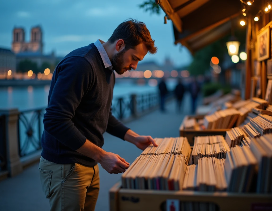 Homme parcourant les bouquinistes et marchés du soir au bord de la Seine à Paris, activité culturelle économique