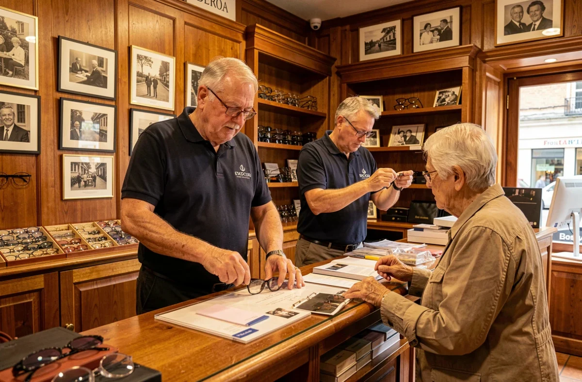 Deux opticiens de la boutique Maurice Frères à Saint-Nicolas-de-Port travaillant ensemble dans un cadre chaleureux et familial
