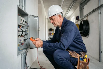 Électricien professionnel inspectant un tableau électrique dans un bâtiment résidentiel en Vendée