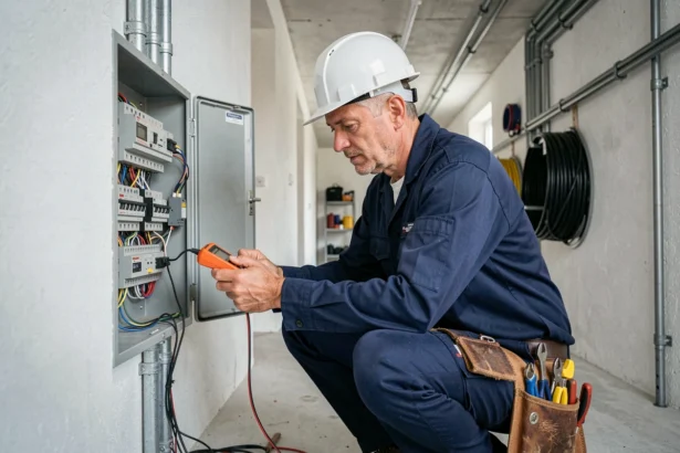 Électricien professionnel inspectant un tableau électrique dans un bâtiment résidentiel en Vendée