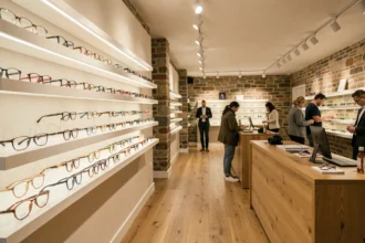 Intérieur d'une boutique d'opticien moderne en Bretagne avec des rangées de montures de lunettes exposées sur des étagères murales épurées