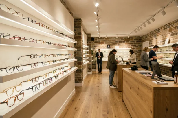 Intérieur d'une boutique d'opticien moderne en Bretagne avec des rangées de montures de lunettes exposées sur des étagères murales épurées